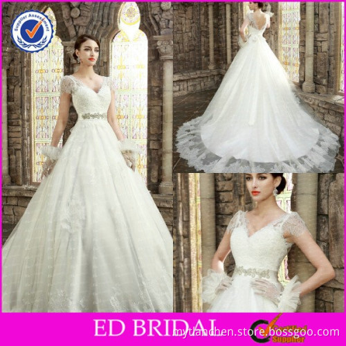 2015 Latest A-line Cap Sleeve Lace Applique Chapel Train Alibaba Bridal Gowns